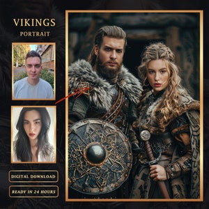 Pode incluir: Um retrato digital de um casal vestido como vikings. O homem está vestindo uma túnica de couro marrom com detalhes de pele e um escudo. A mulher está vestindo uma túnica de couro marrom com detalhes de pele e uma espada. O fundo é uma floresta escura.