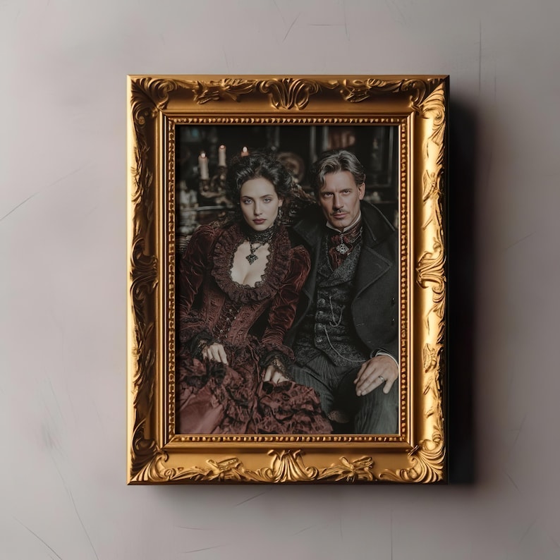 May include: A framed portrait featuring a man and woman in Victorian-era attire. The woman wears a burgundy dress with lace details, and the man is in a dark suit. The ornate gold frame adds a touch of elegance to the image.