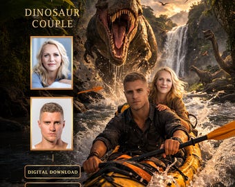 Custom Couple Dinosaur Portrait, Personalized Photo Wall Art, Dinosaur Rider (Digital Download)