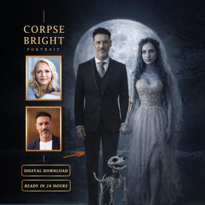 May include: A digital portrait concept featuring a couple in formal attire, with a skeletal dog. The woman wears a white wedding dress and veil, while the man is in a black suit. The background includes a full moon and the text "CORPSE BRIGHT PORTRAIT."