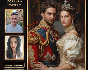 May include: A digital painting of a couple in royal attire. The man is wearing a red and gold military uniform with a mustache. The woman is wearing a white gown with a gold crown and jewelry. The painting is in a realistic style.