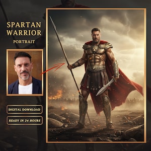 Könnte beinhalten: Digitales Kunstwerk eines spartanischen Kriegers in goldener Rüstung, rotem Umhang und Schwert, der einen Speer hält. Das Bild enthält ein Porträt eines Mannes im Anzug. Text lautet "Spartan Warrior Portrait", "Digital Download" und "Ready in 24 Hours."