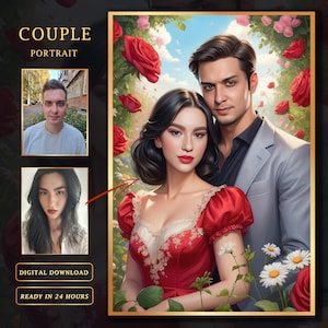 Custom Couple Portrait from Photo. Portrait of Romantic couple with flowers. The best gift for Valentine's Day