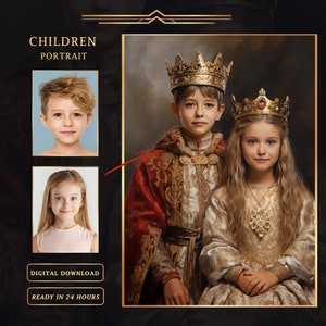 Custom Kids Royal Portrait from photo, Personalized portrait of a brother and sister in royal style,  Birthday gift for boy and girl