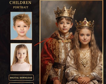 Custom Kids Royal Portrait from photo, Personalized portrait of a brother and sister in royal style,  Birthday gift for boy and girl
