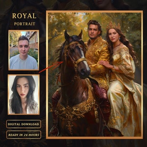Benutzerdefinierte königliches Paar Porträt vom Foto, personalisiertes königliches Paar auf Pferd reiten, personalisiertes Geschenk für die Familie, Turn me a royal portrait