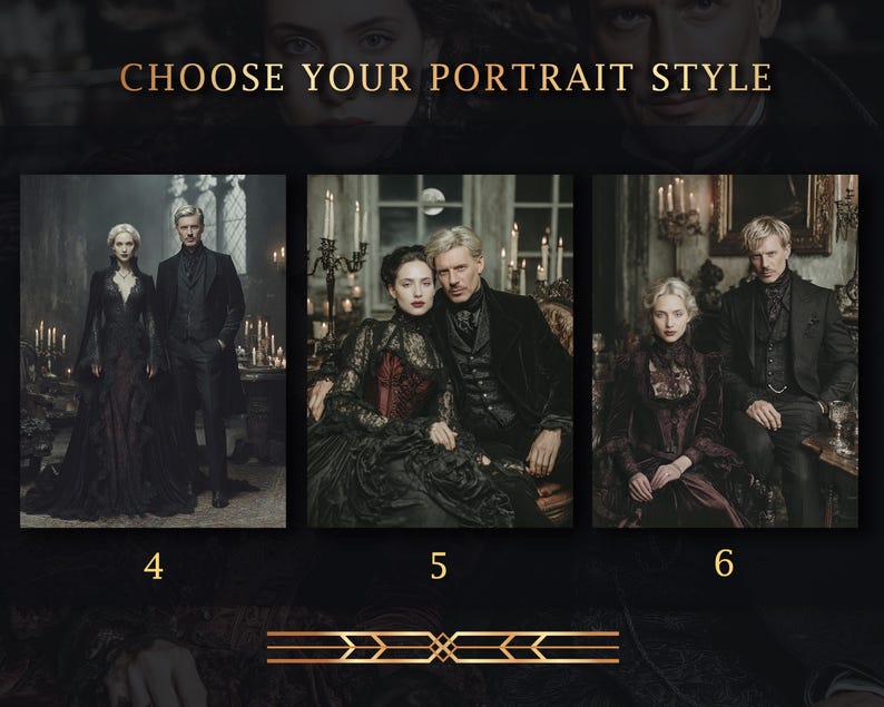 May include: Image featuring three portrait style options with couples in gothic attire. The text "CHOOSE YOUR PORTRAIT STYLE" is at the top. Each portrait shows a couple in dark clothing, with numbers 4, 5, and 6 below each image.
