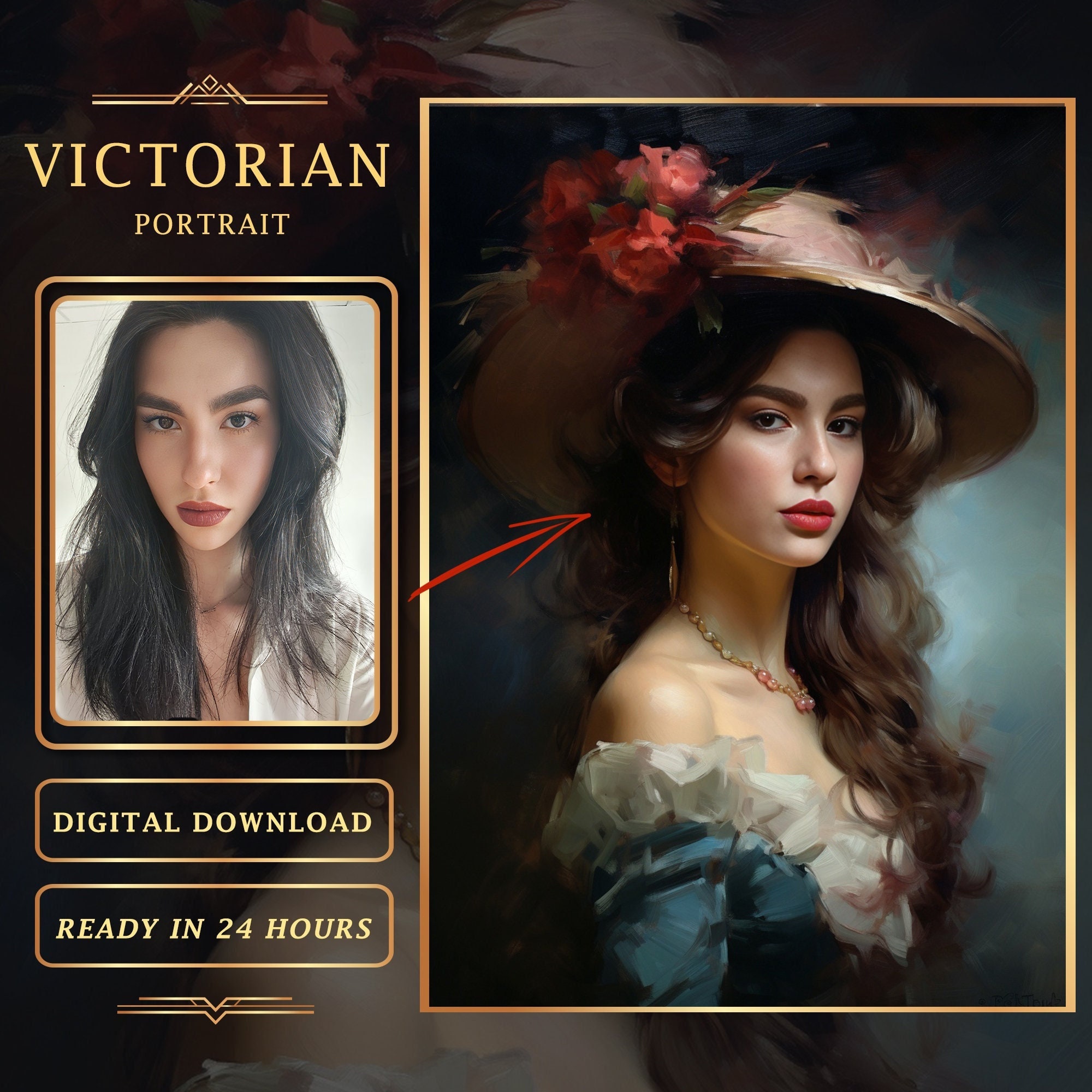 Personalized Woman Victorian Portrait from Photo, Vintage custom portrait in oil painting style, Custom Woman Portrait, Digital download