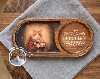 Personalized Pet Portrait Coffee Tray, Custom Wood Cat Dog Lover Gift