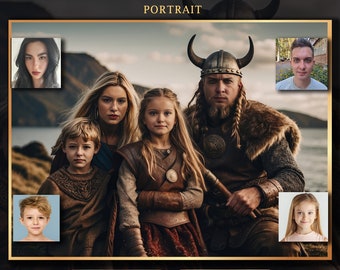 Portrait de famille viking personnalisé à partir d'une photo, portrait de couple viking avec leur enfant, portrait de famille personnalisé, meilleur cadeau pour la famille