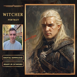 May include: A digital painting of a man with long, blonde hair. He is wearing a dark leather jacket with a wolf symbol on the chest. The background is a dark, textured canvas.