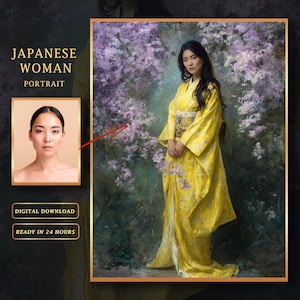 May include: A digital portrait of a Japanese woman in a yellow kimono, standing in front of a backdrop of purple flowers. The image includes a smaller portrait of the woman and text that reads "JAPANESE WOMAN PORTRAIT", "DIGITAL DOWNLOAD", and "READY IN 24 HOURS".