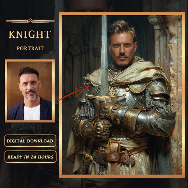 Custom Knight Portrait from Photo, Personalized Royal Knight with sword Portrait, Best gift for him, Custom Man Portrait, Digital download