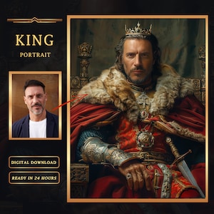 Könnte beinhalten: Ein digitales Gemälde eines Königs, der eine Krone und eine rot-goldene Robe trägt. Er sitzt auf einem Thron mit einem Schwert in der Hand. Das Gemälde ist im realistischen Stil gehalten.