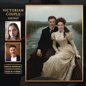 Custom Victorian Couple Portrait From Your Photo. Personalized Portrait of Romantic Couple in a Boat. Gift for family