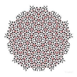 Può includere: Un motivo geometrico in bianco e nero con linee rosse che formano un disegno circolare. Il motivo è composto da forme ripetute che creano un senso di profondità e dimensione.