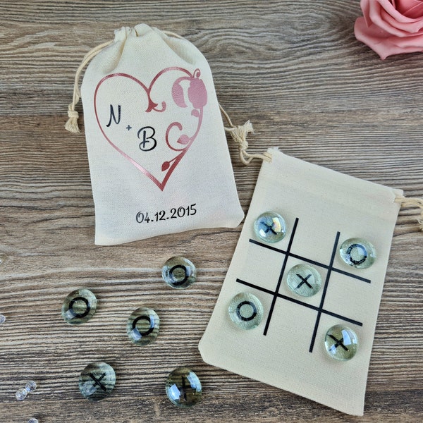 Tic Tac Toe, Gastgeschenk Hochzeit, Glassteine, Baumwollsäckchen, Spiel, personalisiert