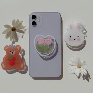 Telefoongreep Kawaii - Ours Fraise, Lapin Noeud of Tulipes Cœur | Accessoire Smartphone Mignon et Pratique