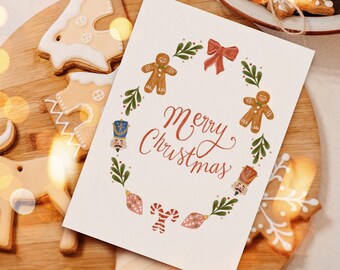 Carino biglietto di Natale stampabile - A5 (14,8cm x 21cm) Biglietto di Natale uomo di pane allo zenzero schiaccianoci, biglietto di auguri stampabile