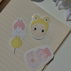 Mini Adesivos Kawaii Coréens – Grenouille, Dango, Leite Pêssego | Lote de 1 ou 3 | Adesivos Mignons para Journal et Papeterie