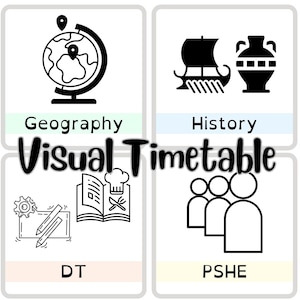 Pode incluir: Um horário visual com ícones que representam diferentes disciplinas escolares: Geografia, História, Tecnologia e Educação Física e Saúde. Os ícones são um globo terrestre, um navio e uma ânfora, um livro com um chapéu de cozinheiro e talheres cruzados, e três pessoas em pé lado a lado.
