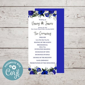 May include: Wedding ceremony program with blue and white floral design. The program lists the order of events, including the prelude, seating of the guests, processional, invocation reading, exchange of vows, exchange of rings, signing of the registry, sand ceremony, and presentation of the newlyweds.