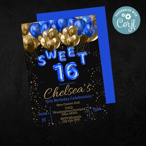 Royal Blue & Gold Sweet 16 bewerkbare digitale sjabloon