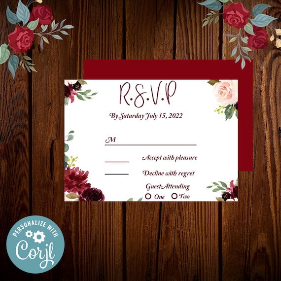 Corjl Wedding RSVP Card Template Burgundy Floral RSVP Card Editable Text WI356 Instant Access RSVP Template Corjl Wedding RSVP Card Template Burgundy Floral RSVP Card Editable Text WI356 Instant Access RSVP Template