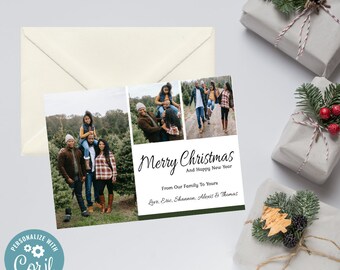 Puede incluir: Una tarjeta de Navidad con un collage de fotos de una familia de cuatro. La tarjeta tiene un borde verde y el texto "Feliz Navidad y Próspero Año Nuevo" en letra cursiva negra. El texto "De nuestra familia a la suya" está debajo del saludo, seguido de los nombres "Con cariño, Eric, Shannon, Alexis & Thomas".
