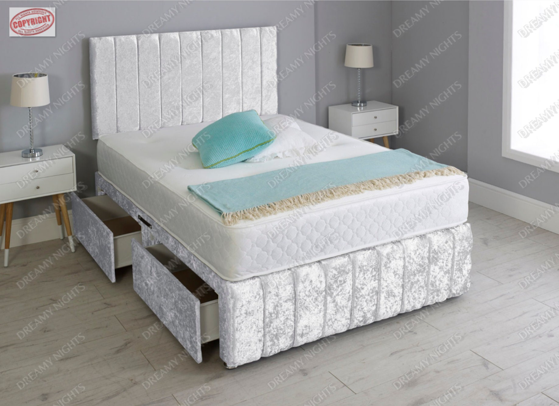 Crushed Velvet Divan Bed Set with Mattress and Free HEADBOARD!!!!! Cream Crush, 4FT6 Double 