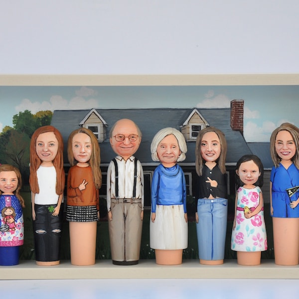 Peg Dolls - Großformat (4 3/4in - 12cm) - Familienportrait - Personalisierte Puppen - Montessori Spielzeug - Haustierportrait