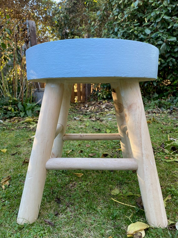 Hand Painted Wooden Stool: Blue Milking Seat, Rustic Decor