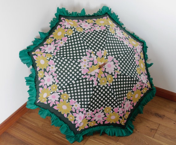 Vintage frilly floral umbrella from the 1970s