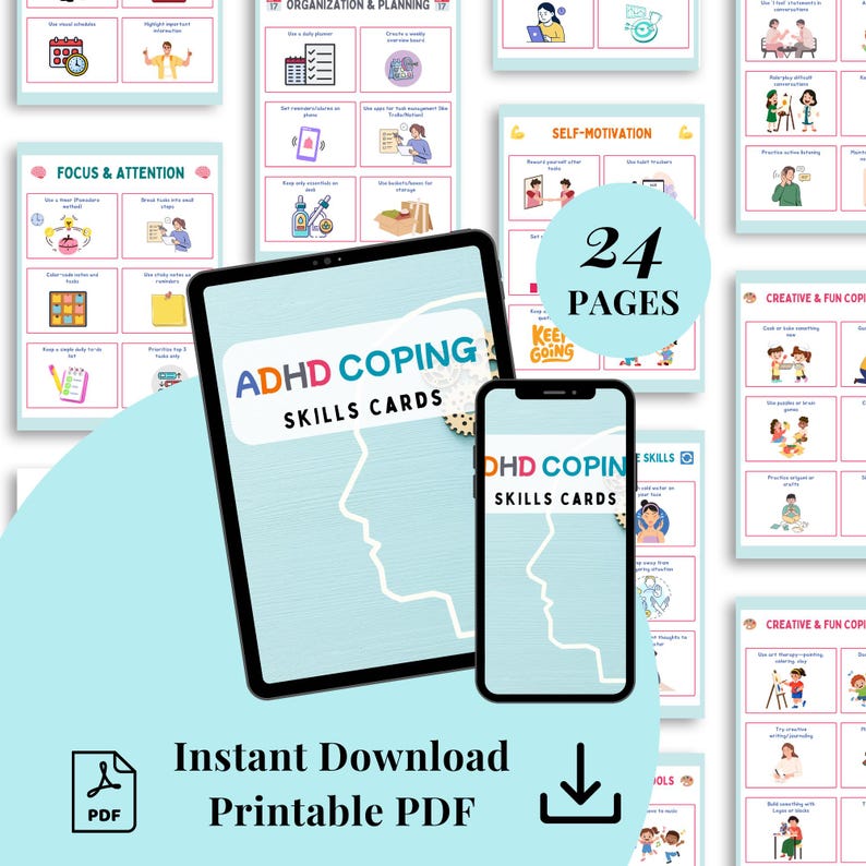 ADHD Coping Skills Cards Printable PDF, Emotional Regulation and Focus ...