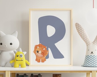 Letter R, INSTANT DOWNLOAD, Dinosaur Illustration, Alphabet Dinosaur Wall Art, kids room decor, Vertical ABC dinosaur print, Nursery art