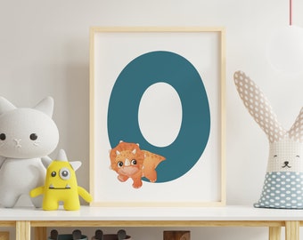 Letter O, INSTANT DOWNLOAD, Dinosaur Illustration, Alphabet Dinosaur Wall Art, kids room decor, Vertical ABC dinosaur print, Nursery art