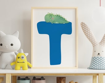 Letter T, INSTANT DOWNLOAD, Dinosaur Illustration, Alphabet Dinosaur Wall Art, kids room decor, Vertical ABC dinosaur print, Nursery art