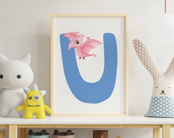 Letter U, INSTANT DOWNLOAD, Dinosaur Illustration, Alphabet Dinosaur Wall Art, kids room decor, Vertical ABC dinosaur print, Nursery art