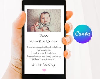 Will You Be My Godmother Proposal Phone Card, Canva Editable Godmother Photo Evite, Godparent Baptism Digital Download Proposal
