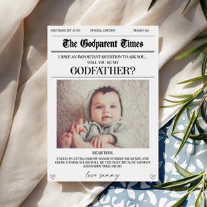 Proposta de jornal "Você será meu padrinho", cartão com foto para impressão, modelo editável para baixar proposta de padrinho de batismo