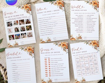 6 Fall In Love Bridal Shower Games, Canva Printable Pumpkin Brunch Games, Floral Fun Editable Games, Autumn Bachelorette Wedding Games
