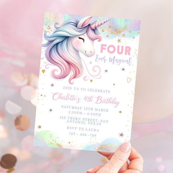 Unicorn Editable 4th Birthday Invitation, 4th Birthday Invite, Four Ever Magical Invite, Unicorn Party, Girl Pastel Unicorn Rainbow Invite
