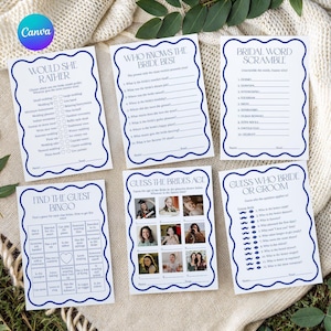 6 Bridal Shower Games Bundle, Blue Canva Bridal Shower Games, Editable Printable Wavy Bridal Games, Bachelorette Games, Fun Hen Party Games