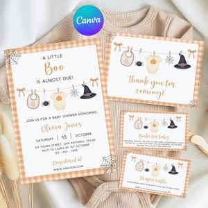 Halloween Baby Shower Invitation Set, Printable A Little Boo Is Almost Due, Books For Baby, Diaper Raffle, Baby Clothes Canva Template