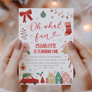 Christmas 1st Birthday Printable Invitation, Editable Oh What Fun It Is To Be One Holiday Invitation, Pink Red Winter Onederland Invitation