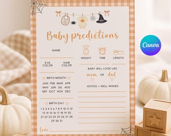 Halloween Baby Shower Game: Pumpkin Gingham Predictions (Canva Printable, 5x7 inch Digital Download