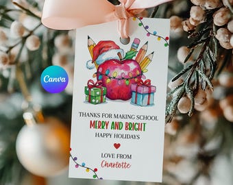 Christmas Teacher Gift Tag – Printable Editable Merry and Bright Holiday