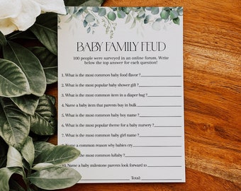 Eucalyptus Baby Family Feud Game, Baby Shower Editable Game, Greenery Shower Game, Baby Shower Trivia Quiz, Family Feud Printable Template