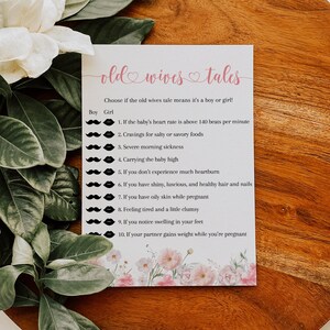 Jeu de baby shower floral rose vieilles femmes contes, jeu de baby shower de fleurs sauvages, jeu-questionnaire de baby shower, jeu imprimable modifiable de révélation de sexe
