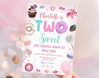 Two Sweet Birthday Invitation, Girls 2nd Birthday Invitation, Donut Invitation, Sweets Invitation, 2nd Birthday Theme, Editable Template